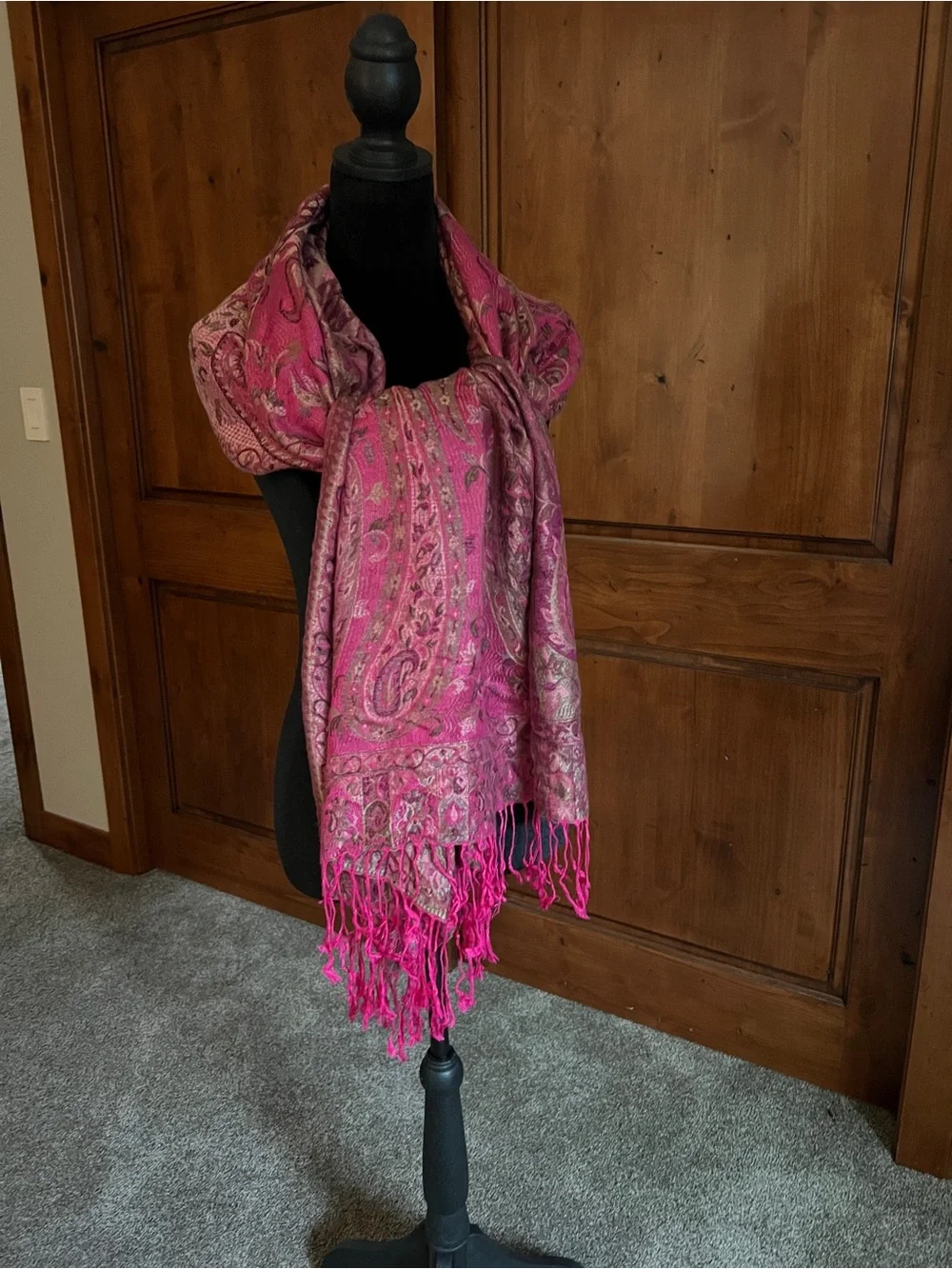 Turkish 100% Cashmere Pink Paisley Fringe Scarf